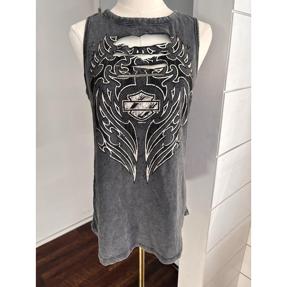 Harley Davidson Tank Top Womens Medium Gray Cutout Graphic Biker Moto Tribal
